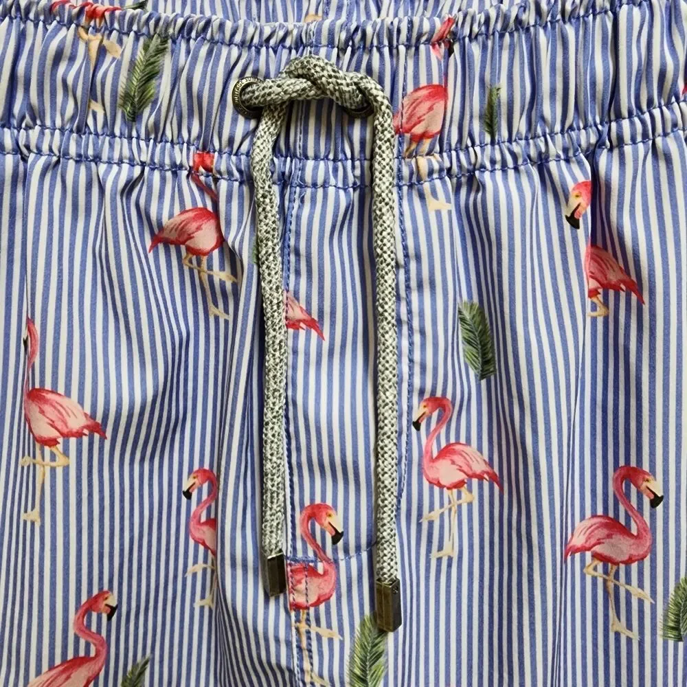 Vintage Summer Men Blue Striped Pink Flamingo Swim Trunks Size L Beach Vacation